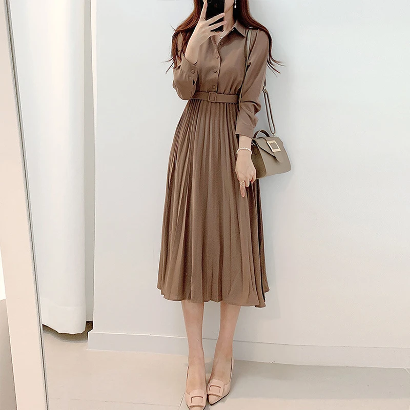 

Chic Autumn Elegant Single-breasted Lapel Shirt High-waisted Mid-length Pleated Skirt Temperament Long Sleeve Solid Color Women