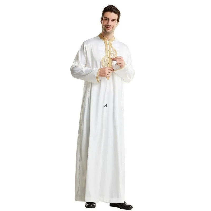 Muslim Men Emobroidery Thawb Thobe Dishdasha UAE Kandourah Saudi Arabia Traditional Costumes Islamic Clothing Modest Robe Jubba