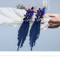 new blue crystal long metal chain dangle drop earrings high quality luxury fashion rhinestone jewelry accessories for women