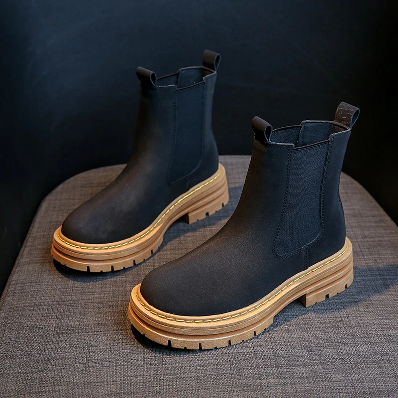 

Классические ботильоны из искусственной кожи на толстой подошве, женские ботильоны с круглым носком, обувь ручной работы, ботинки челси на толстом каблуке, осень 2023