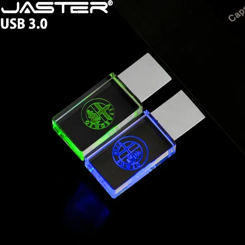 JASTER Высокоскоростной флэш-накопитель USB 3.0 128 ГБ 64 ГБ Fashion Crystal Pen Drive Бесплатный индивидуальный логотип Красочный светодиодный бизнес-подарок USB-накопитель