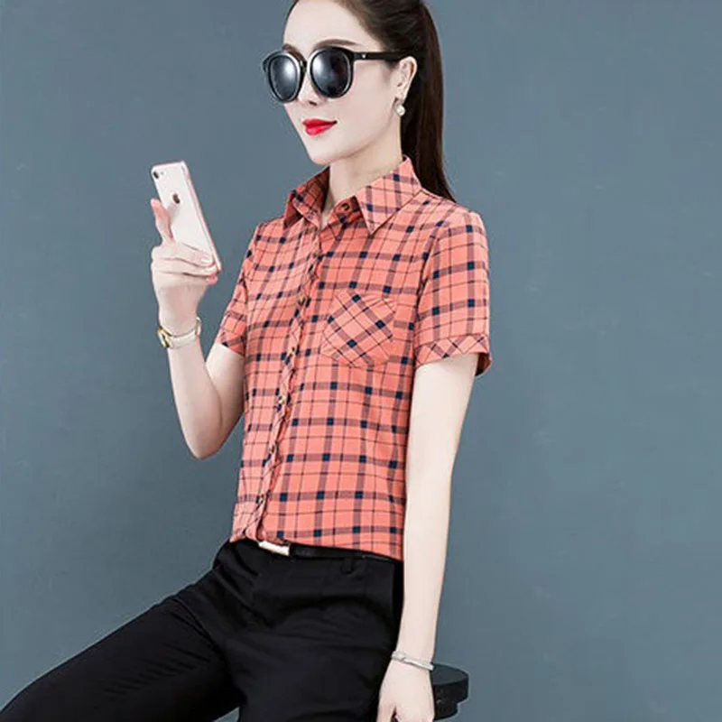 Женская модная клетчатая однобортная рубашка куртка с коротким рукавом Новинка
