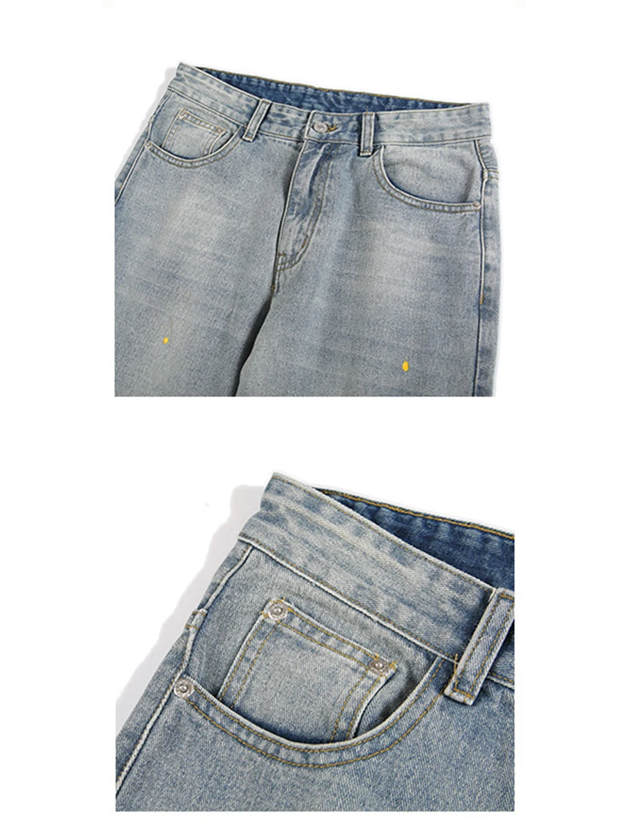 Four Seasons Men's Men's New American Retro Washed Jeans Straight Brush Painted Wide Leg Pants Fashion Streetwear Ins Hot Sale