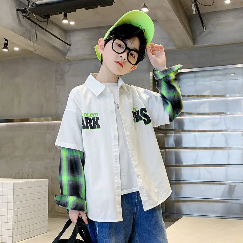 

2022 Korean Long Sleeve Teen Boys Shirts Pink White Plaid Top For Children Kids Teenage Clothes School Shirt For Boys 5-14Years