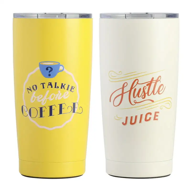 

「Miranda Lambert」 Ready 2-Piece Set of 20oz White & Yellow Stainless Steel Roadside Traveler Tumbler with Lid. Storage draw
