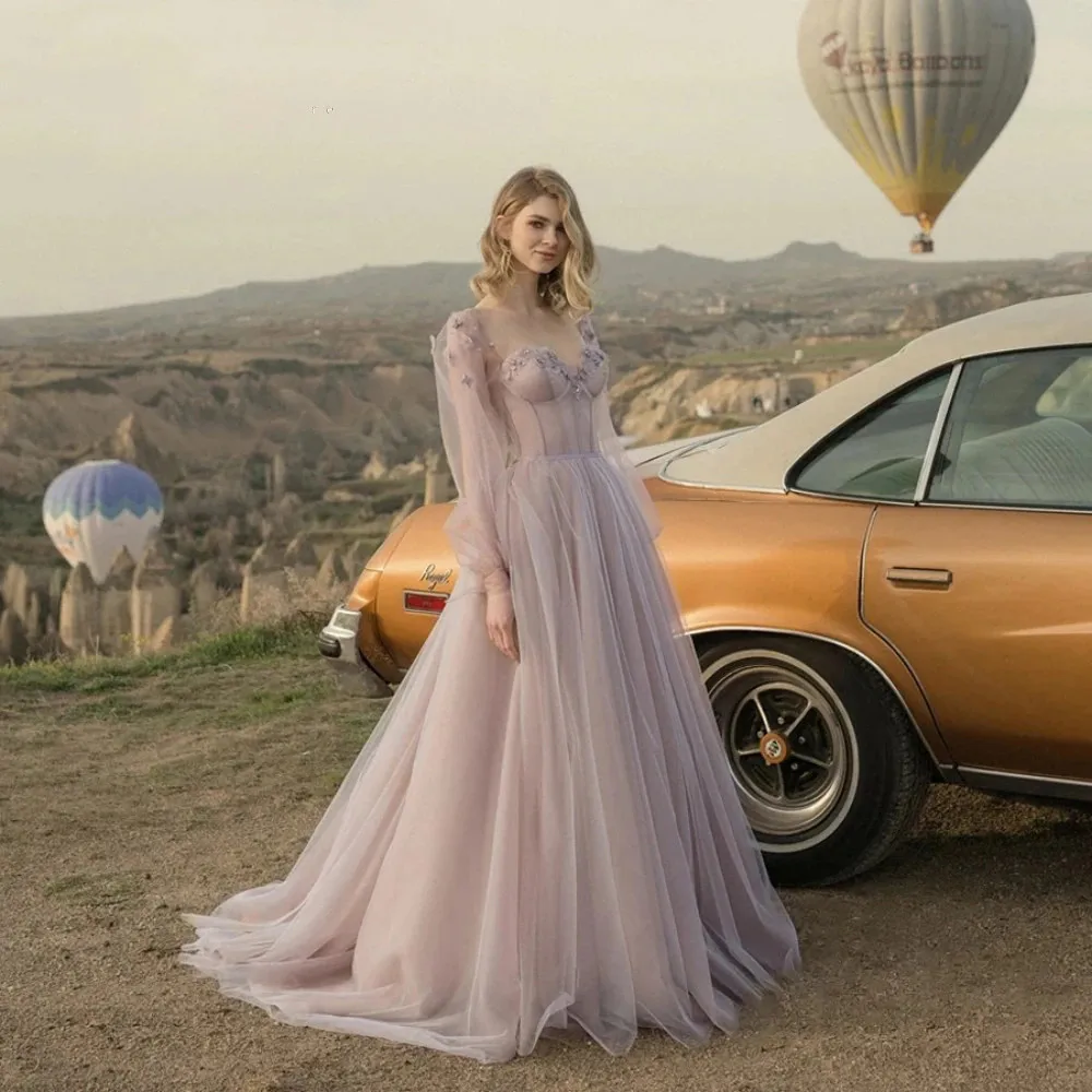 

Sweetheart Long Puff Sleeves Tulle Appliques Prom Dresses A Line Lace Up Backless Party Gown Sweep Train robes de soirée