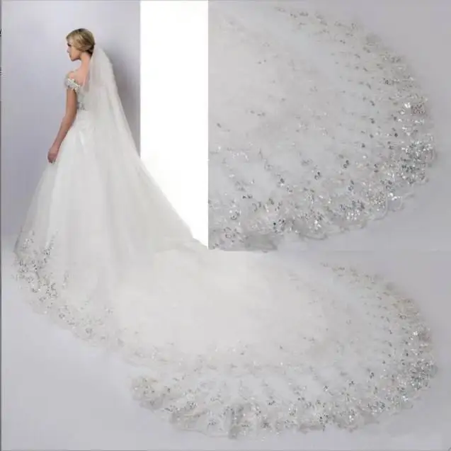 

3 meters wide long mesh lace applique wedding veil trailing lace wedding veils bridal 2023