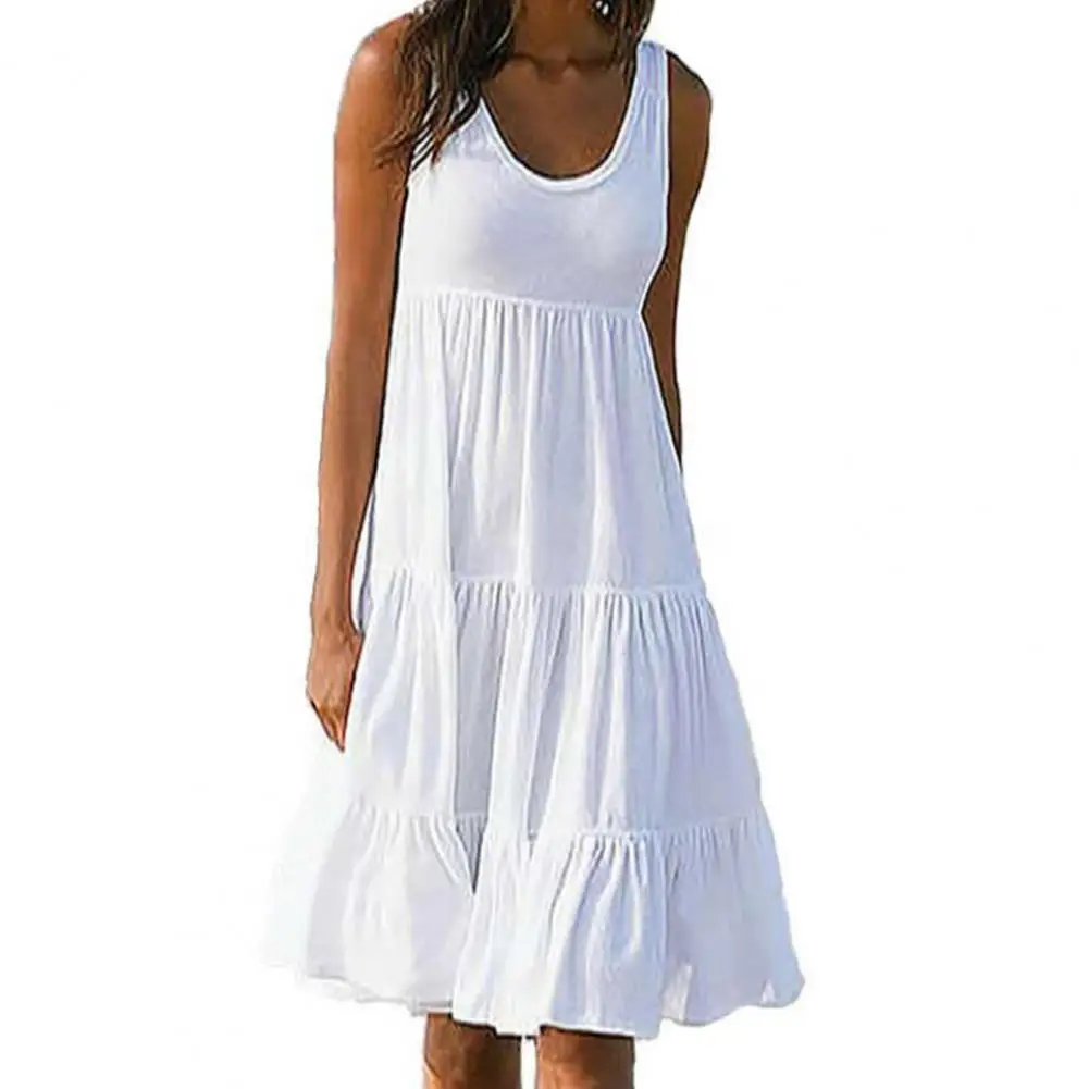 

Women Dress Sleeveless Solid Color Loose Beach Dress Ruffles Spring Summer Pure Color Loose-fitting Midi Dress for Lady Vestidos