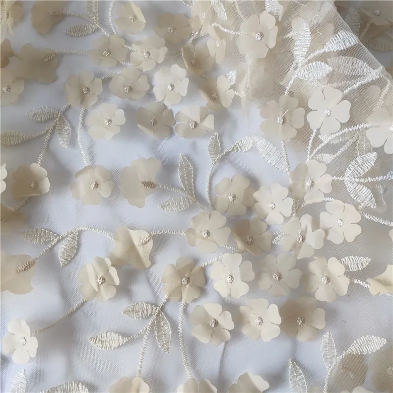 Tela de encaje de flores de uñas 3D champán albaricoque, 1 metro, falda hecha a mano, tela de costura bordada con láser para mujer