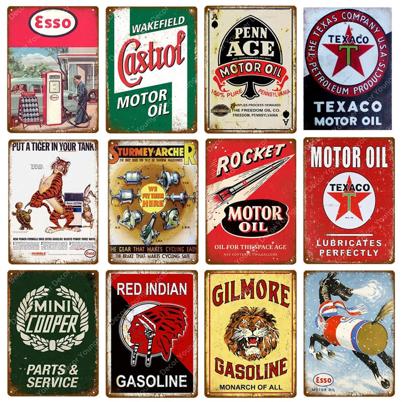 Красное индийское бензиновое масло Esso Castrol Texaco Rocket, искусственное масло, декор для гаража, ретро жестяные знаки YJ101