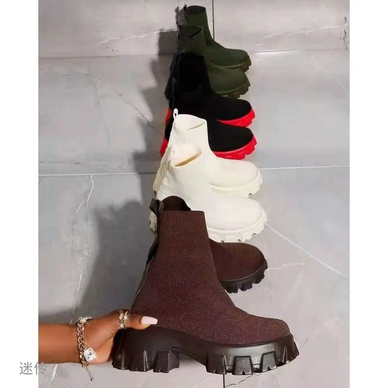 2022 Autumn Winter New Couple Socks Shoes Women Thick-soled Casual Net Red Knitted Short Boots Women Botas De Mujer Large Size