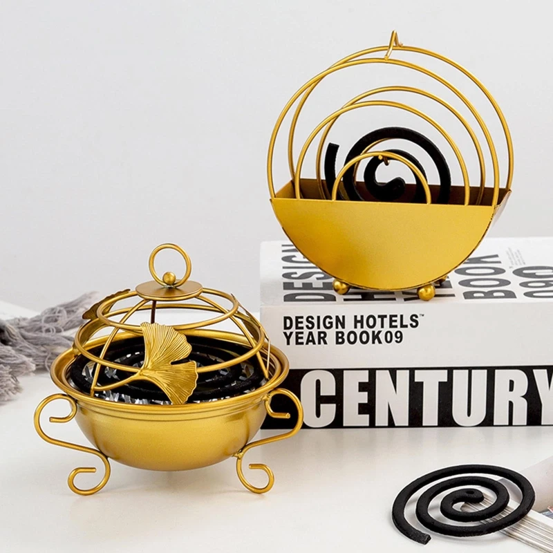 Creative Gold Mosquito Coil Holder with Lid Wrought Iron Metal Stand Ornament for Home Bedroom Office Decoration Shelf