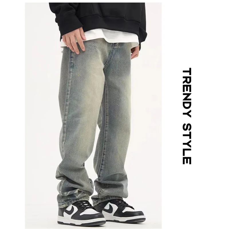 Men's Wear Vintage Casual Jeans Worn Yellow Mud Dyed Broad Leg Pants High Street Loose Straight Trousers Autumn and Winter Women