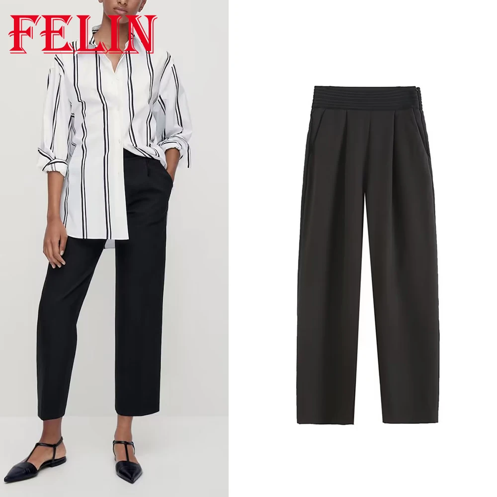 

Брюки TRAF женские спортивные с карманами, Модные свободные повседневные Прямые Штаны на плоской подошве, с эластичным поясом, черные, осень 2022