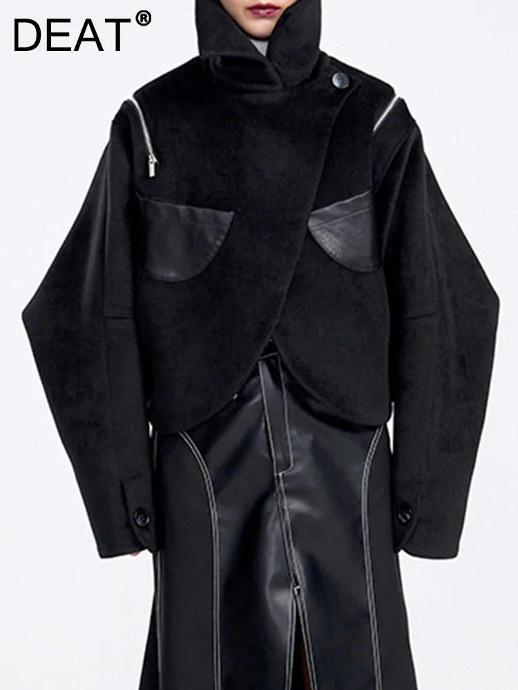 

Женское свободное шерстяное пальто DEAT, короткое пальто на молнии с рукавами «летучая мышь» и карманами, модель 17A5197 на зиму, 2023