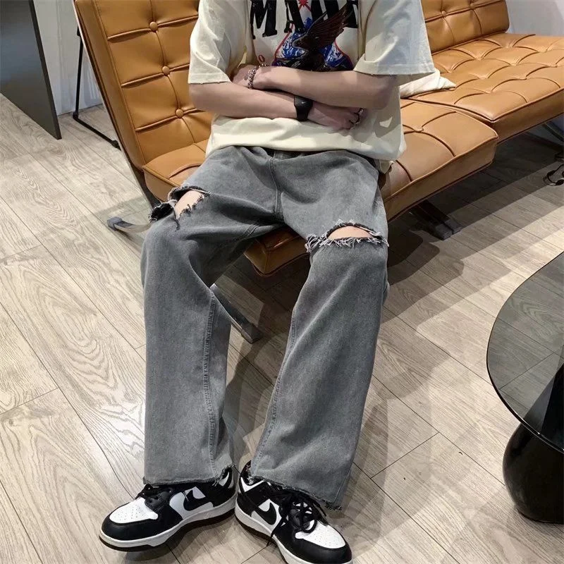 Summer Ripped Jeans Men's Fashion Casual Hole Wide Leg Jeans Men Streetwear Hip Hop Loose Straight Denim Pants Mens Trousers