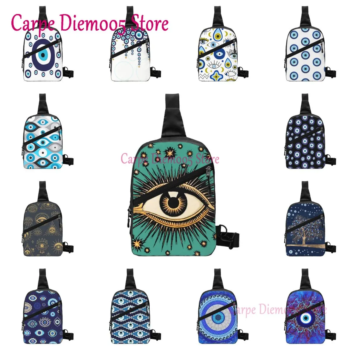 Navy Blue And Aqua Nazar Evil Eye Lucky Charm Crossbody Sling Backpack Men Custom Shoulder Chest Bag for Cycling Camping Daypack
