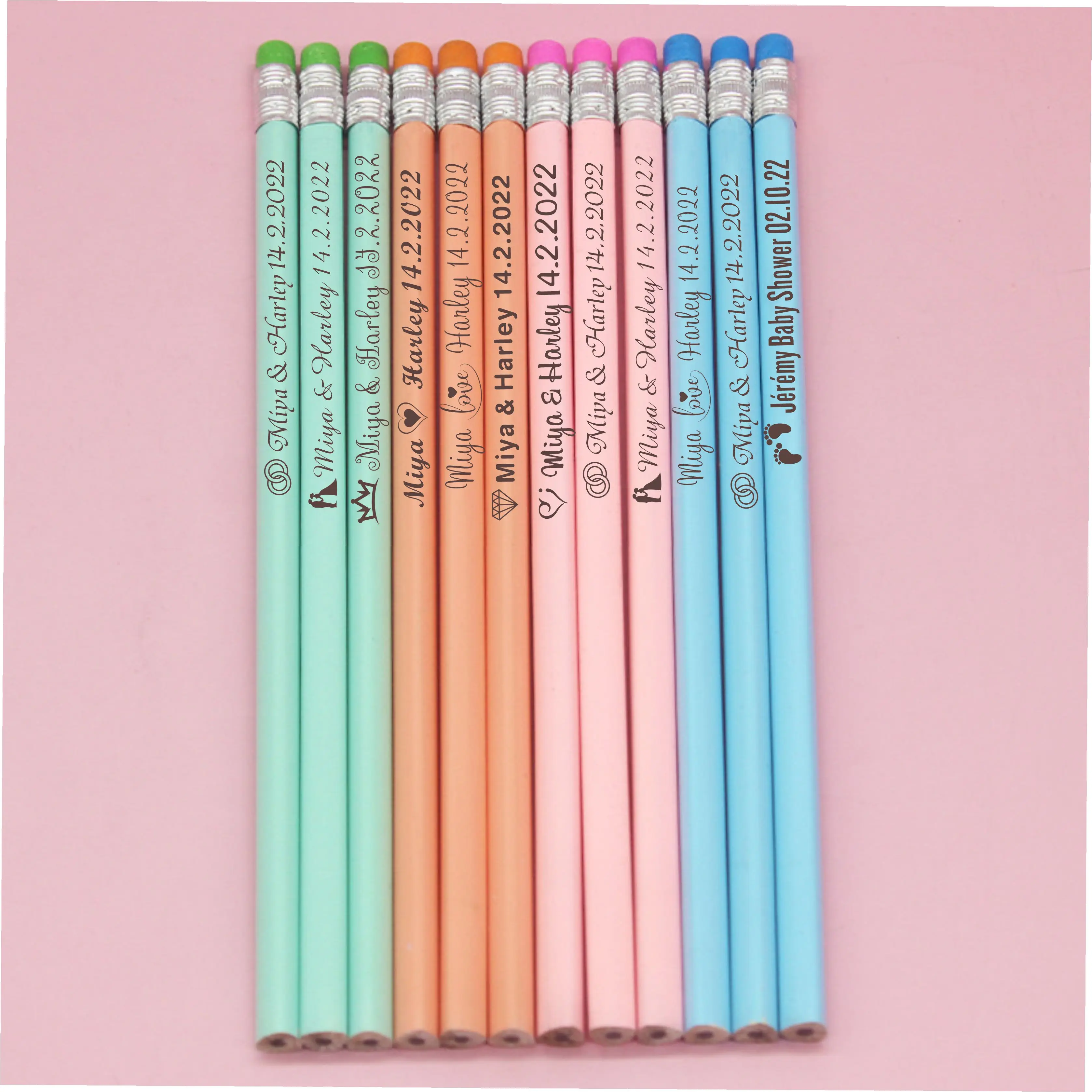 

100pcs Personalized Colored Wooden Pencils Customized School Decor Pen With Eraser Wedding Gift Favors Baby Shower Party 19CM