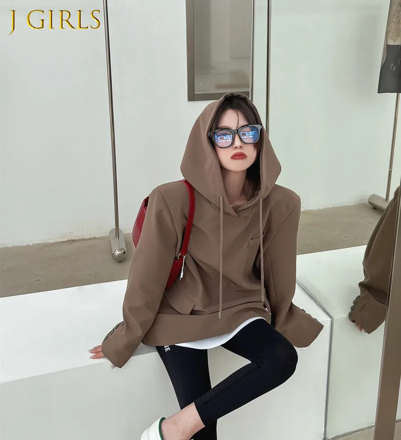

J GIRLS Women Blazers Causal Long Sleeve Hooded Suit Jacket 2022 Spring New Medium-long Korean Fashion Elegant Blazer Coat
