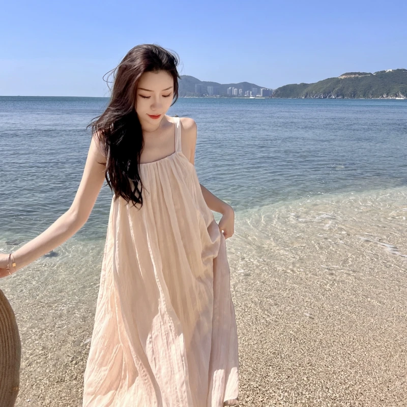 

Платье женское летнее длинное на тонких бретелях, пикантный вечерний сарафан средней длины без рукавов, свободное повседневное пляжное в б...