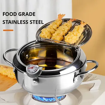 Stainless Steel Oil Pan Household Thermometer With Cover Tempura Oil Fryer Small Oil Saving French Fries Frying Pan 1