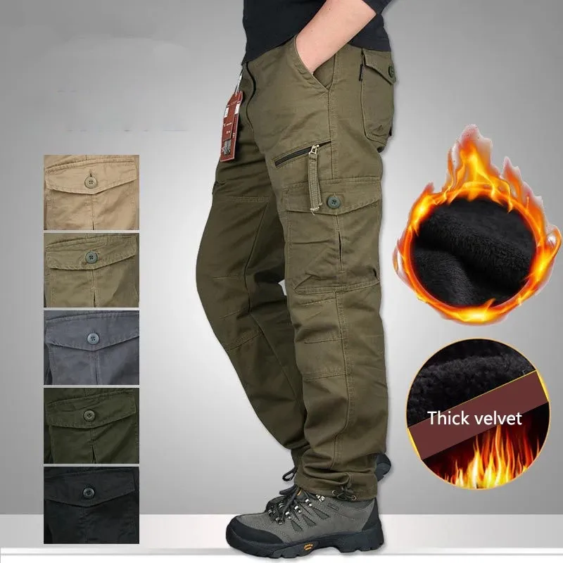 Winter Thick Fleece Casual Pants Men Cotton Military Tactical Baggy Cargo Pants Double Layer Warm Thermal Straight Long Trousers