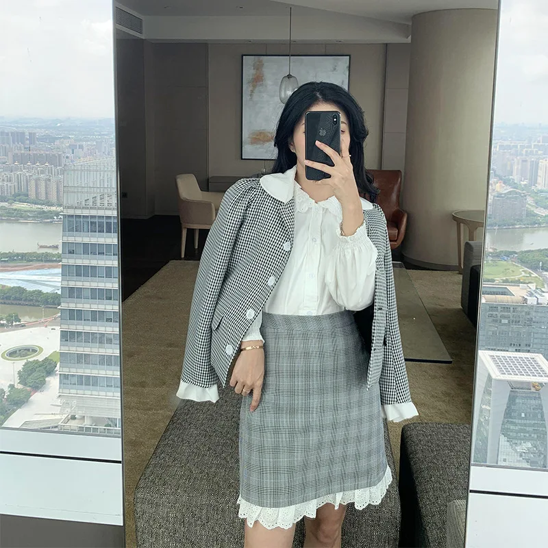 Women Lace Peter Pan Collar Plaid Short Blazers Slim Single Button Lolita Style Chic Suit 2021 New Fashion Spring Autumn Blazer