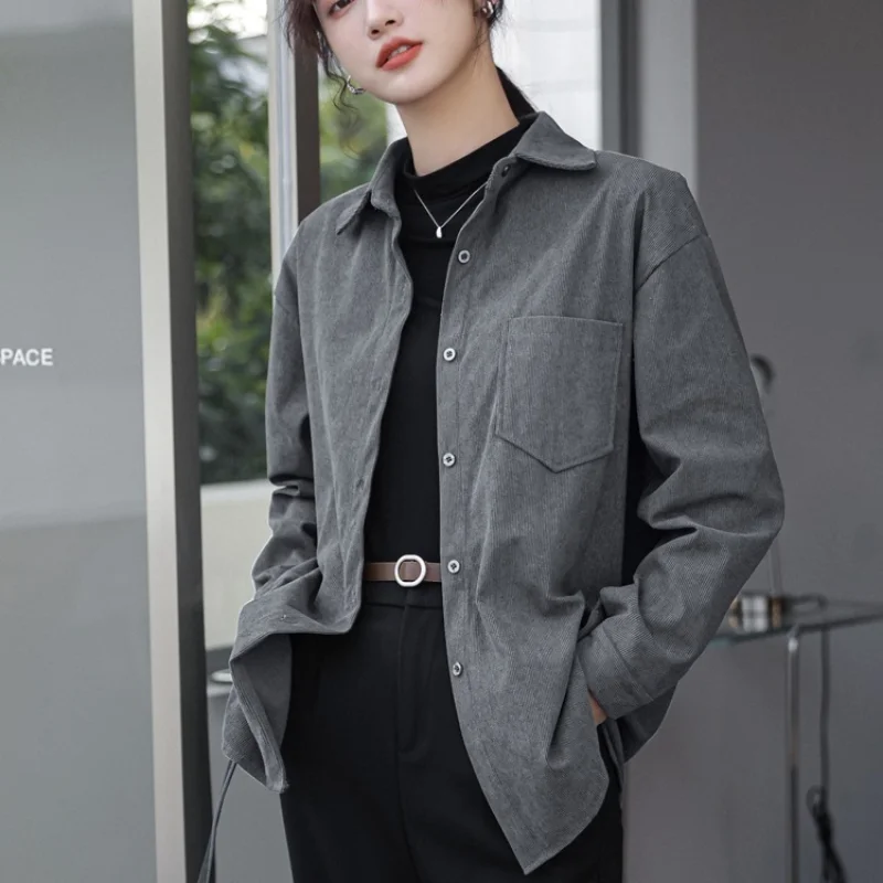 

Vintage Pocket Shirts 2023 Women Long Sleeve Blouse Autumn and Winter Thickened Corduroy Shirt Korean Loose Solid Clothes 24035