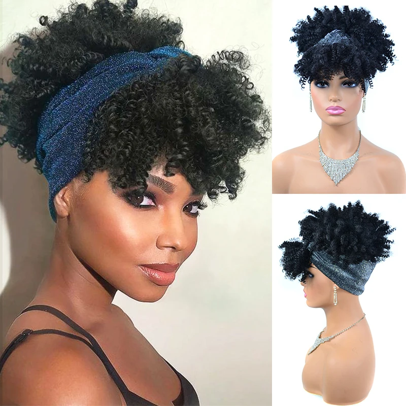 

Short Afro Kinky Curly Headband Wig 10" Fluffy Curly Head Wrap Wigs for Women Synthetic Natural Curls Turban Scarf Headbands Wig