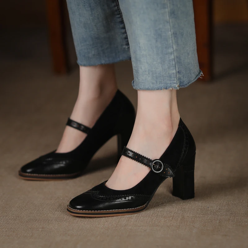 2021 New Spring Autumn Retro Mary Janes Shoes Woman Fashion Fretwork Bullock Women's Pumps Casual Shallow Shoes Heels for Women