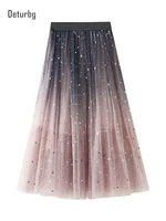 womens fashion gradient 3 layers mesh skirt korean elastic high waist stars sequins pleated long skirts saias 2022 summer k83