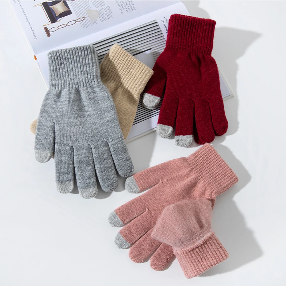 

Осенне-зимние теплые вязаные перчатки с закрытыми пальцами, однотонные шерстяные варежки для сенсорных экранов, плюшевые Утолщенные мягкие перчатки для велоспорта и вождения