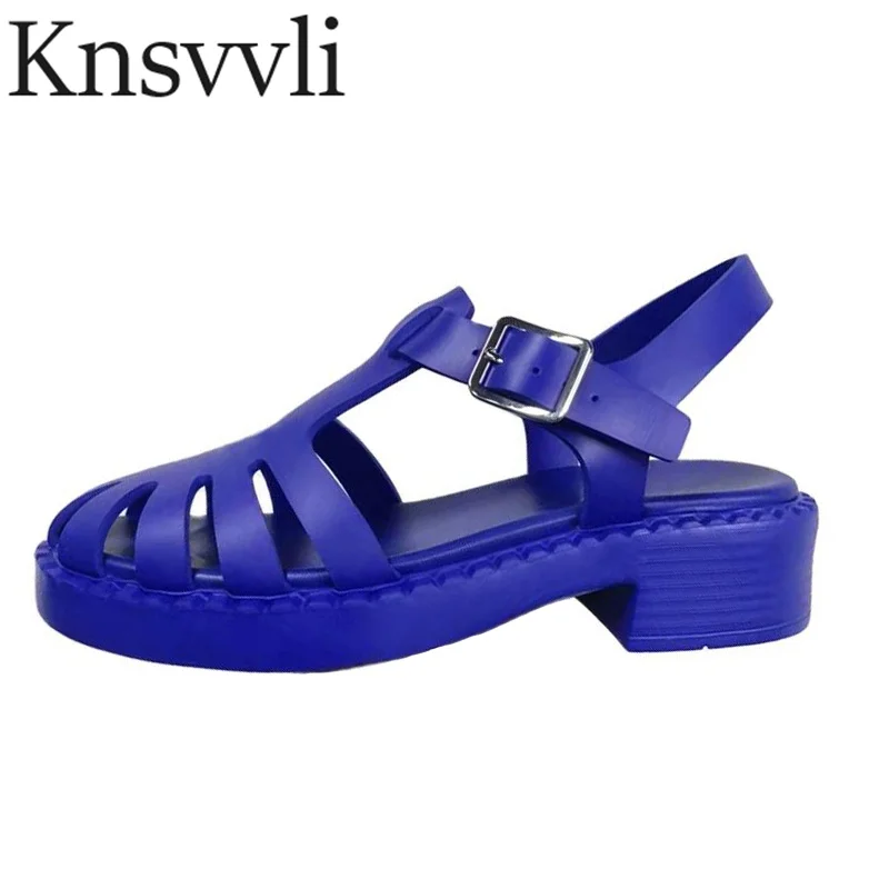 

Сандалии женские на плоской резиновой подошве, босоножки-гладиаторы на толстой подошве, с пряжкой и круглым носком, повседневные туфли с ре...