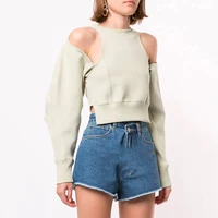 2022 new spring and summer full sleeves round neck design styles high waist hollow out back short sweatshirt goth cotton