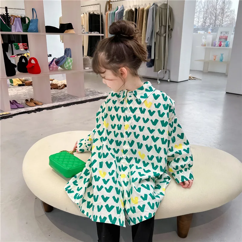 

Girls Spring fashion heart printing oversized shirt dress Cotton green long sleeve loose dresses