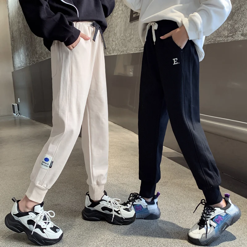 

Штаны с высокой талией для девочек, детские штаны-шаровары для бега уличная одежда, черные, серые, абрикосовые спортивные штаны-капри брюки, ...