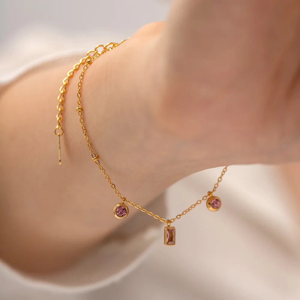 

Ins Style 18K Gold Square Pink Purple round Pendant Bracelet Cross-Border All-Match Non-Fading Bracelet Ornament Wholesale