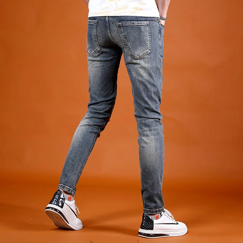 Ripped Jeans Men Summer Lightweight Slim Fit Pants 2022 New Streetwear Casual Vintage Blue Denim Trousers