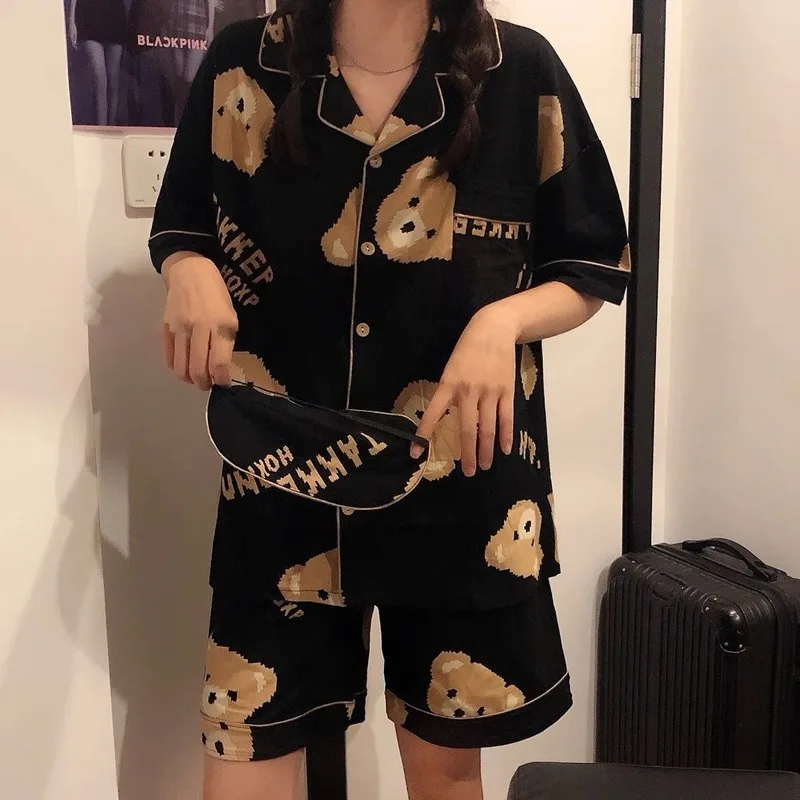 

Женский пижамный комплект, японская кавайная пижама с принтом медведя, домашняя одежда для девочек-подростков с отложным воротником, лето 2023