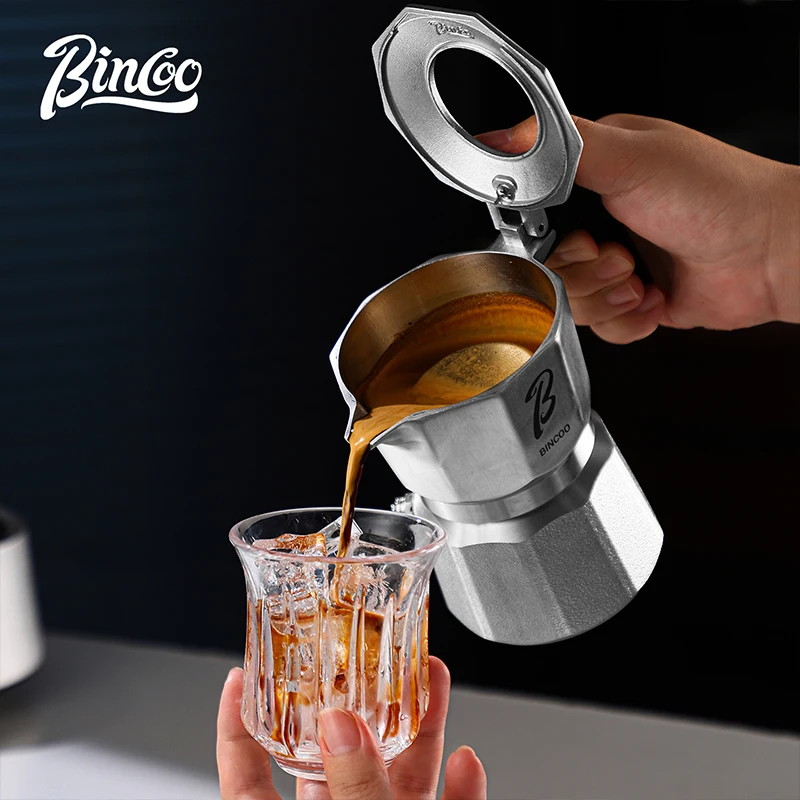 Фото Кофеварка Bincoo Moka Pot с двойным клапаном, 120 мл, на 2 чашки, для приготовления эспрессо на плите, итальянская кофеварка с деревянной ручкой, для получения насыщенной крема-пены №3