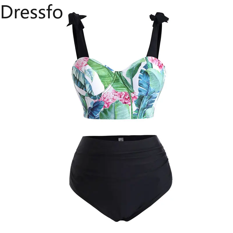 

Dressfo Tropical Leaf Flower Print Bowknot Padded Tankini Bikini Set High Waist Shorts Swimsuit Bathing Suit Swimwear 2023 Women