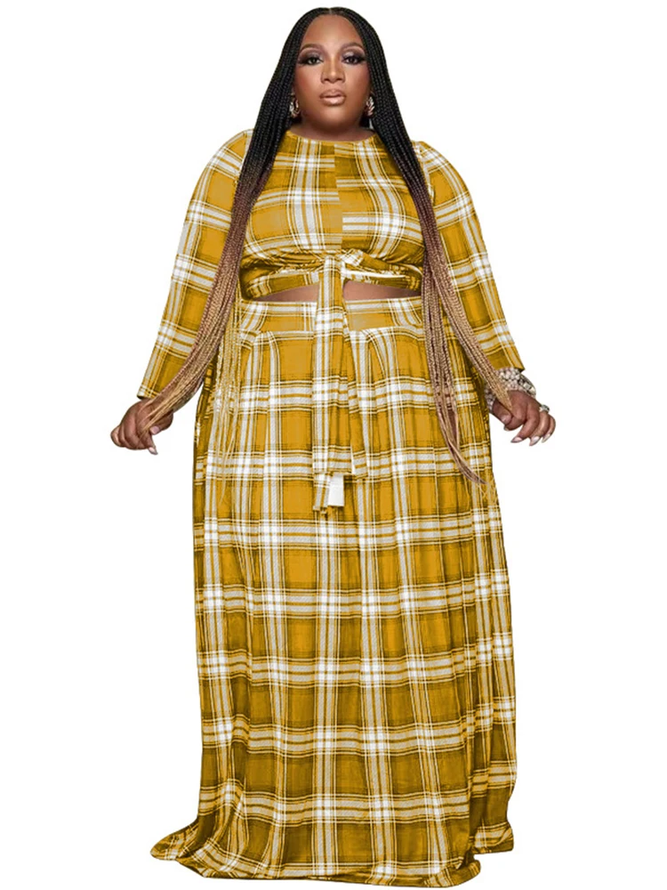 

5XL Plus Size Skirts Sets Women Clothes 2 Piece Set Plaid Print Outfits Fashion Streetwear Lace Up Crop Tops And Long Skirt Suit