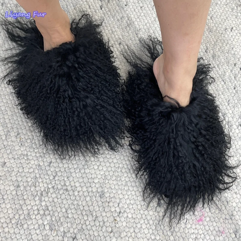 Fashion Trendy Customized Warm Plush Fluffy Winter Slippers Curly Fur Shoes Women Sheepskin Slippers Mongolian Fur Slipper Slide