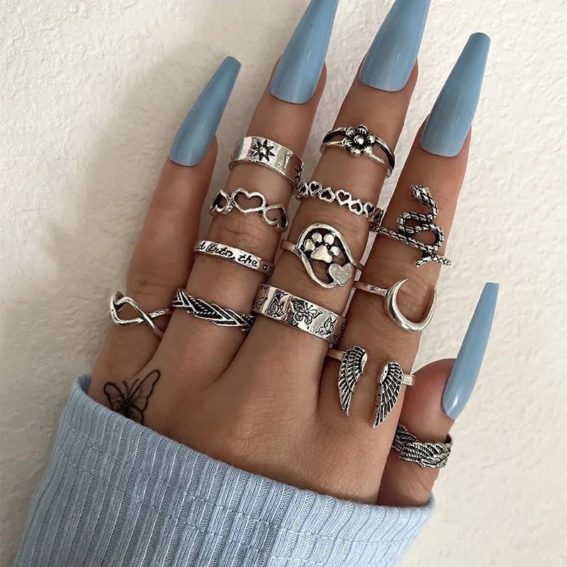 

Ring Set Love Butterfly Moon Snake Flower Silver Knuckle Ring 13 Piece Set Women's Accessories Natural Decorations Lovely