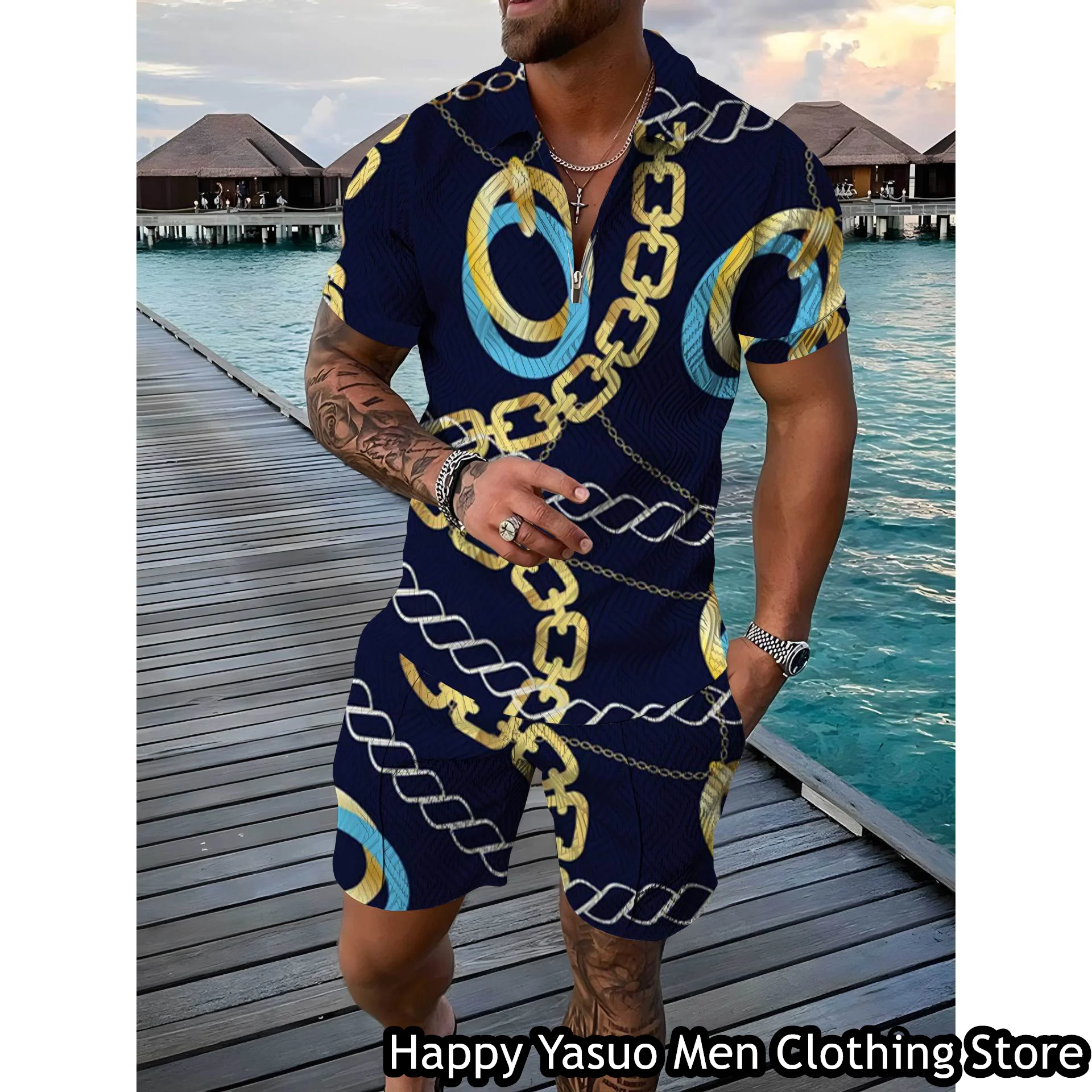 Luxury Chain Polo Set Men Summer Fashion Tracksuit Casual High-End Polo Shirt Shorts Suit Vintage Vacation Outfit Male Clothing