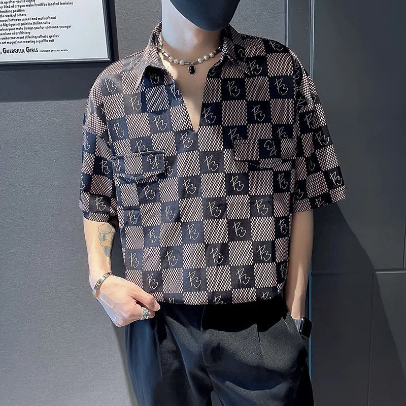 Brand Plaid Shirts Men 2022 Summer Half Sleeve Loose Casual Pullover Fashion V Neck Business Shirt Social Party Tuxedo Blouse