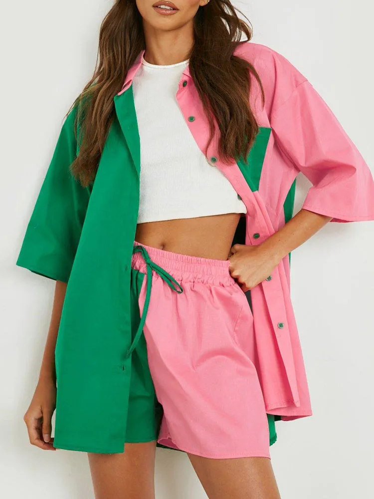 

Fashion Streetwear New Lapel Button Cardigan Shirts+ Drawstring Shorts Sportsuit Sets Women Summer Casual Patchwork Color Set