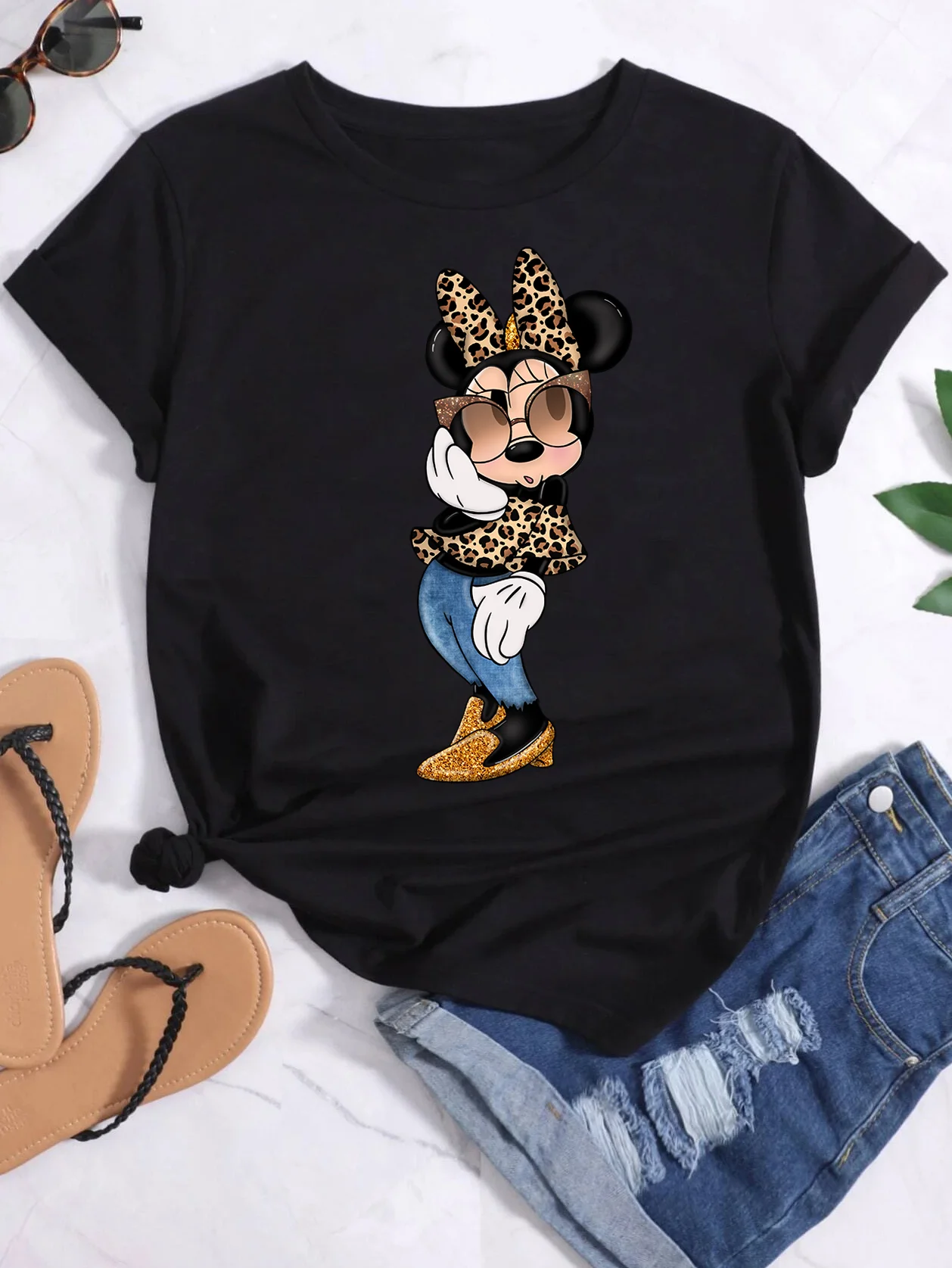 

Женские летние топы с коротким рукавом, новая модная футболка с принтом леопардовой мыши, повседневные милые черные футболки для девочек