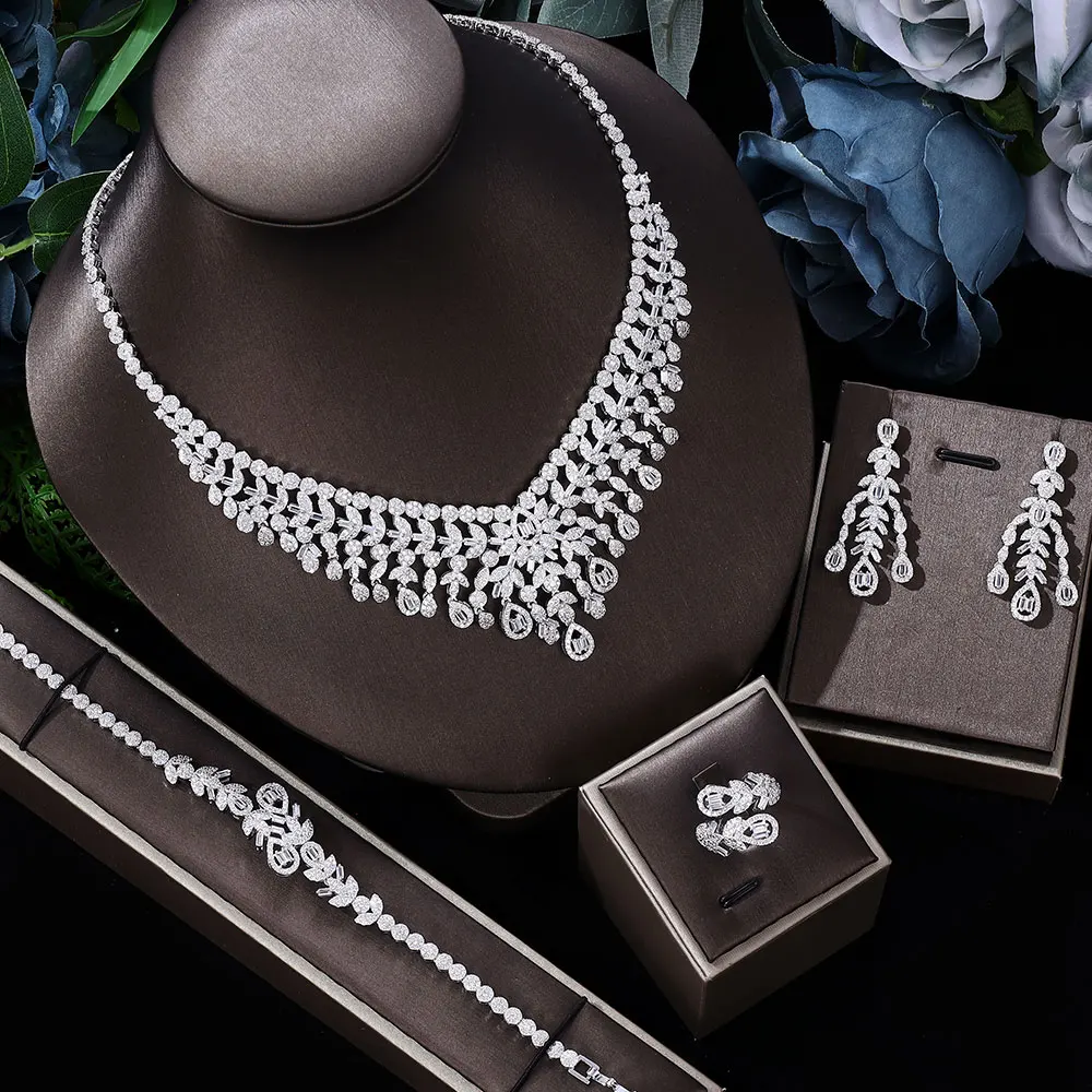 2022 Top Luxury Women's Jewelry Elegant Shape Bride Necklace Earrings Bracelet Ring Jewelry Set