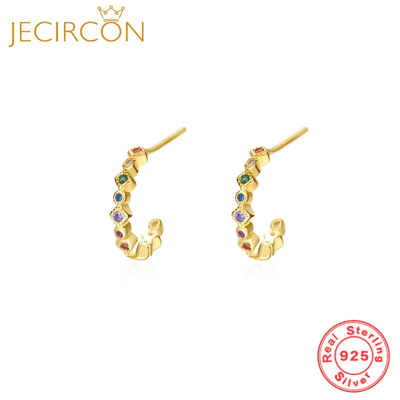 

JECIRCON 925 Sterling Silver Retro Colorful Zircon C-Shaped Stud Earrings for Women Light Luxury Temperament Earrings Jewelry